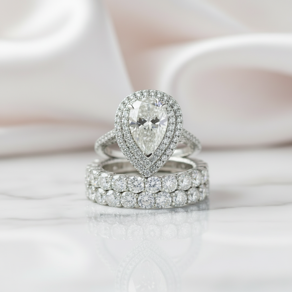 Eternity Double Halo Pear Cut 3-Pieces Wedding Set Eternity Double Halo Pear Cut 3-Pieces Wedding Set