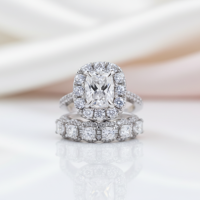 Eternity Halo Cushion Cut Ring Set in White Gold