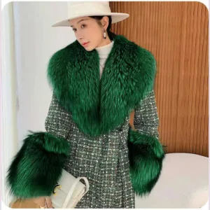 Faux Fur Collar Cuffs Set Winter Shawl — Emerald Green | KIMLUD