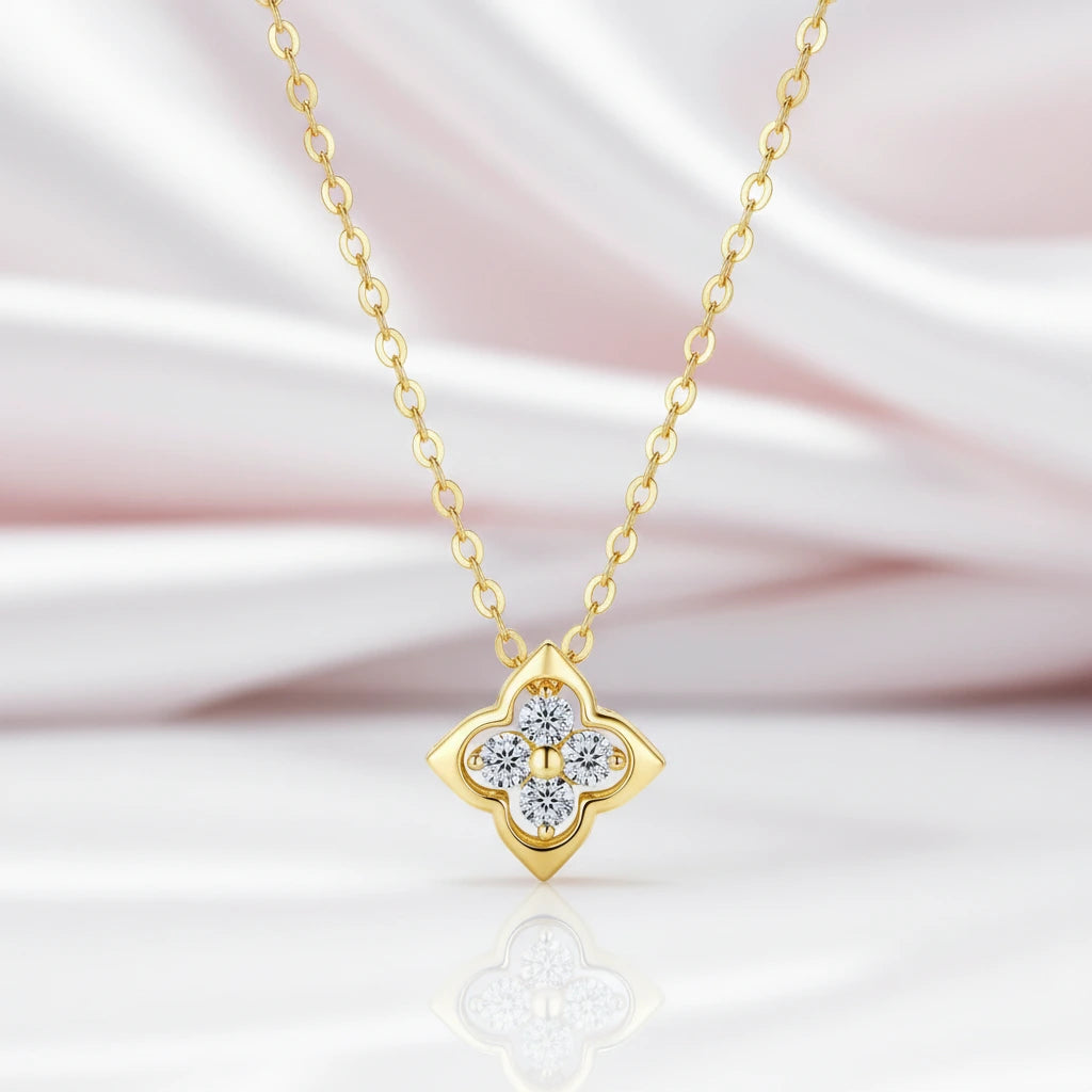 Four Leaf Clover Certified Moissanite Necklaces 18k Gold Overlay
