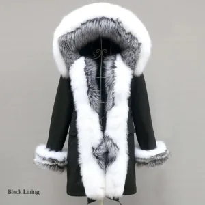 Fox Fur Hooded Coat With Real Fox Fur Collar And Cuff Detailing For Winter — Natural | KIMLUD