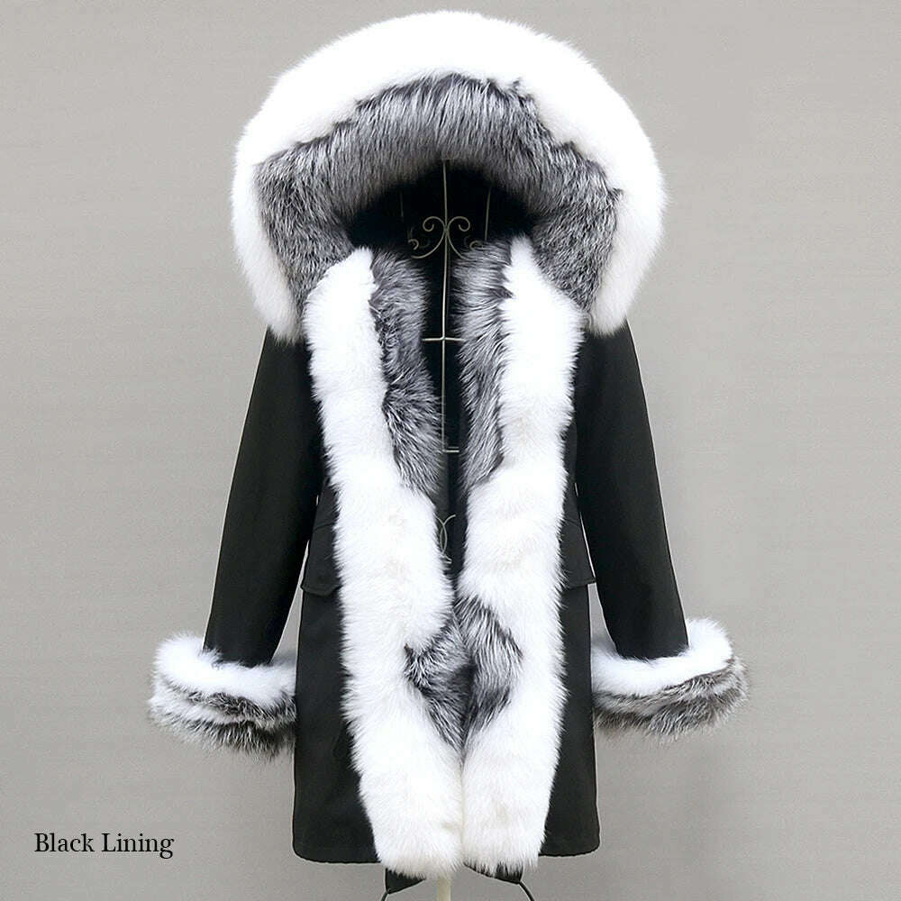 Fox Fur Hooded Coat With Real Fox Fur Collar And Cuff Detailing For Winter — Natural | KIMLUD