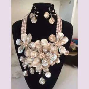 Freshwater Pearl Jewelry Set With Pink Shell Flower Accents And Coordinating Bracelet And Earrings — Pink | KIMLUD