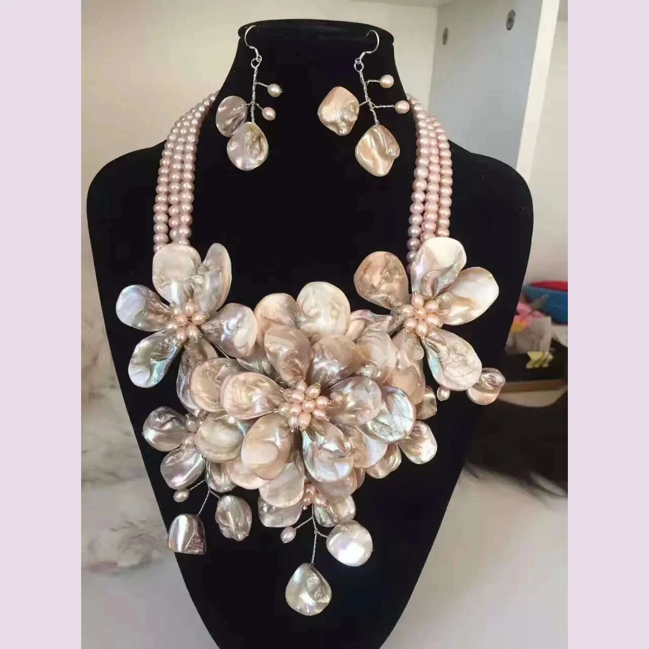 Freshwater Pearl Jewelry Set With Pink Shell Flower Accents And Coordinating Bracelet And Earrings — Pink | KIMLUD