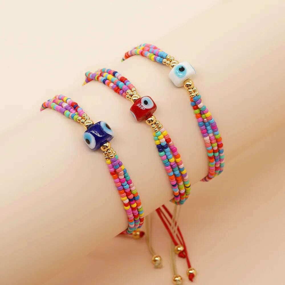 Glass Beaded Bracelet 3-Loop Ethnic Boho — Rainbow | KIMLUD