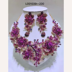 Gold Crystal Bridal Jewelry Sets With Necklace And Earrings In Sparkling Halo Design — Gold | KIMLUD
