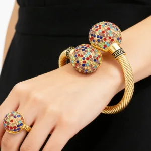 Gold Plated Jewelry Set Cuff Bangle Ring — Golden | KIMLUD