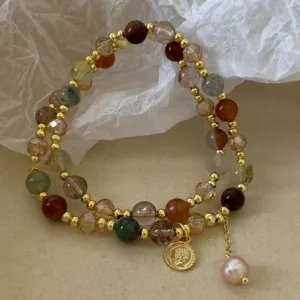 Gold-Tone Bracelet Double-Layer Crystal Pearl Beaded Wrap — Gold | KIMLUD