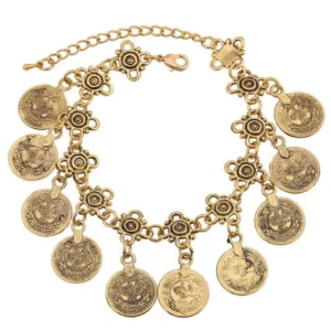 Gold-Tone Coin Bracelet Vintage Boho Turkish Charm With Antique Patina — Gold | KIMLUD