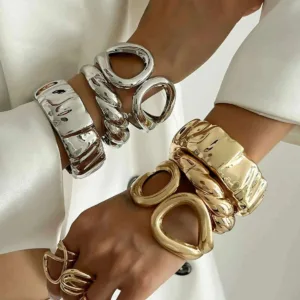 Gold-Tone Heavy Metal Wave Cuff Bracelet With Open Spring Design — Gold | KIMLUD