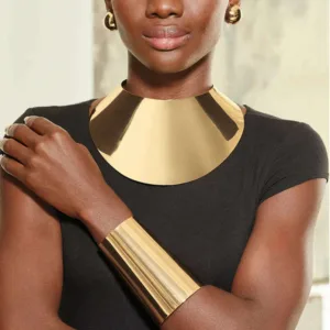 Gold-Tone Jewelry Set Exaggerated Torque Bib Collar Necklace Earrings Bracelet — Gold | KIMLUD