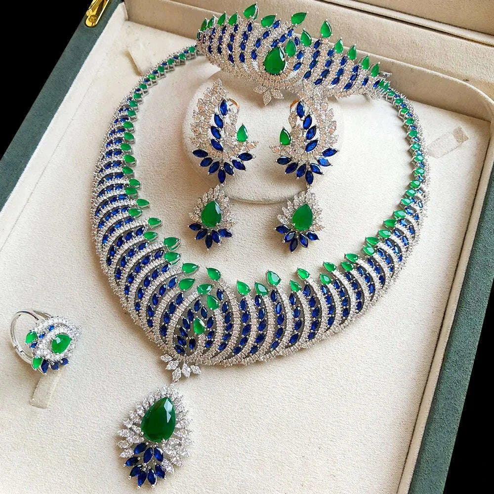 Gold Tone Jewelry Set Round Ball 4pc — Emerald Green and Cobalt Blue | KIMLUD