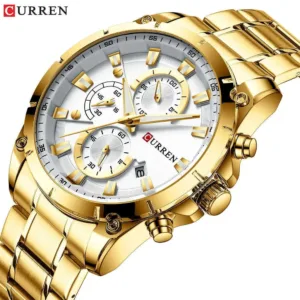 Gold-Tone Stainless Steel Watch Automatic Date, Steel Bracelet, Water Resistant 3Bar — Gold | KIMLUD
