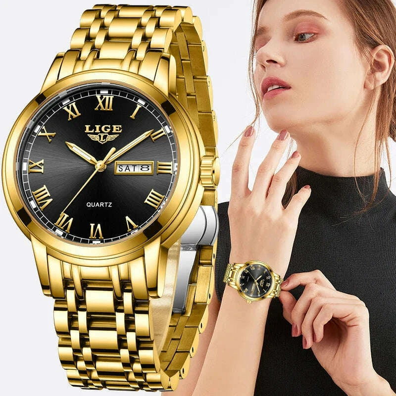 Gold Tone Stainless Steel Watch Bracelet With Date Window And 50M Water Resistance — Gold | KIMLUD