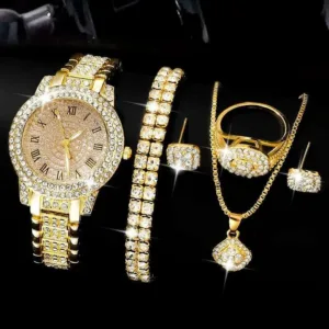Gold Tone Watch Set With Rhinestone Bezel And Roman Dial Bracelet And Necklace — Gold | KIMLUD