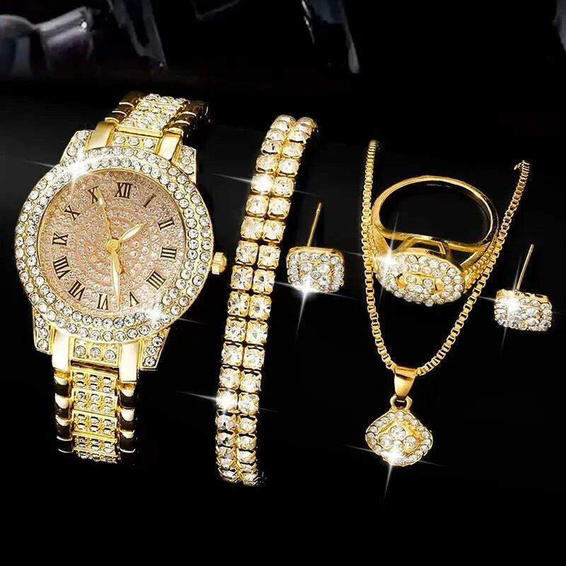 Gold Tone Watch Set With Rhinestone Bezel And Roman Dial Bracelet And Necklace — Gold | KIMLUD