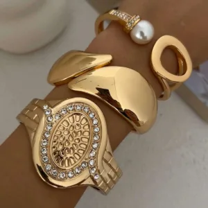 Gold-Tone Watch Shaped Cuff Bangle Rhinestone-Inlaid — Gold | KIMLUD