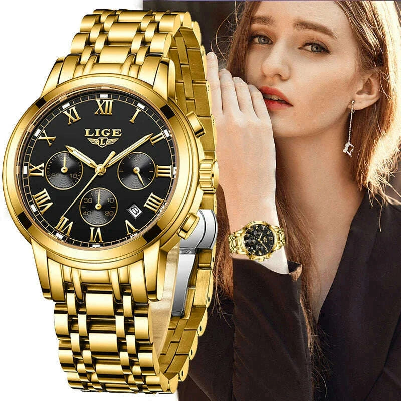 Gold-Tone Watch Stainless Steel Bracelet 30M Water-Resistant — Gold | KIMLUD