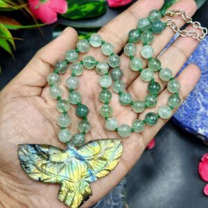 Green Fluorite Bead Mala Necklace with Labradorite Phoenix Pendant - Embrace Transformation and Renewal