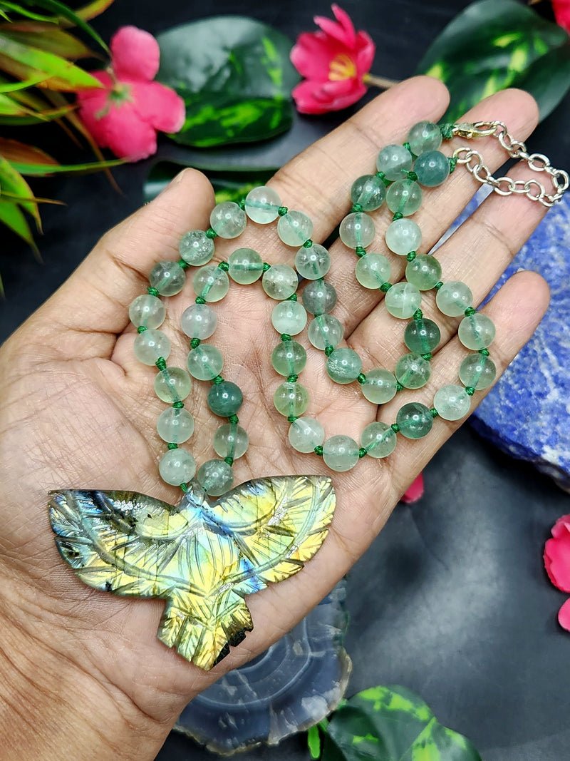 Green Fluorite Bead Mala Necklace with Labradorite Phoenix Pendant – Embrace Transformation and Renewal Green Fluorite Bead Mala Necklace with Labradorite Phoenix Pendant – Embrace Transformation and Renewal