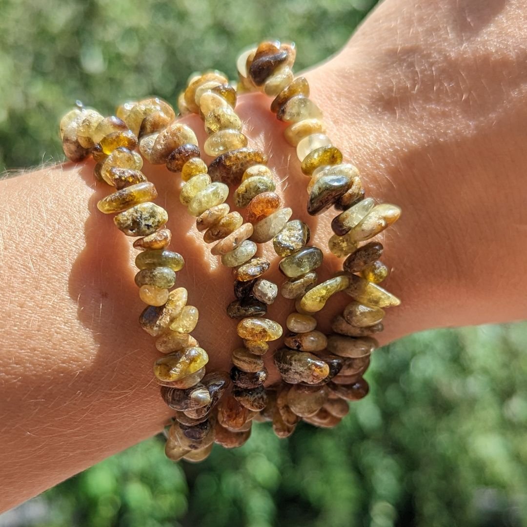 Green Garnet Tumbled Chip Gemstone Bracelet on Stretch Cord