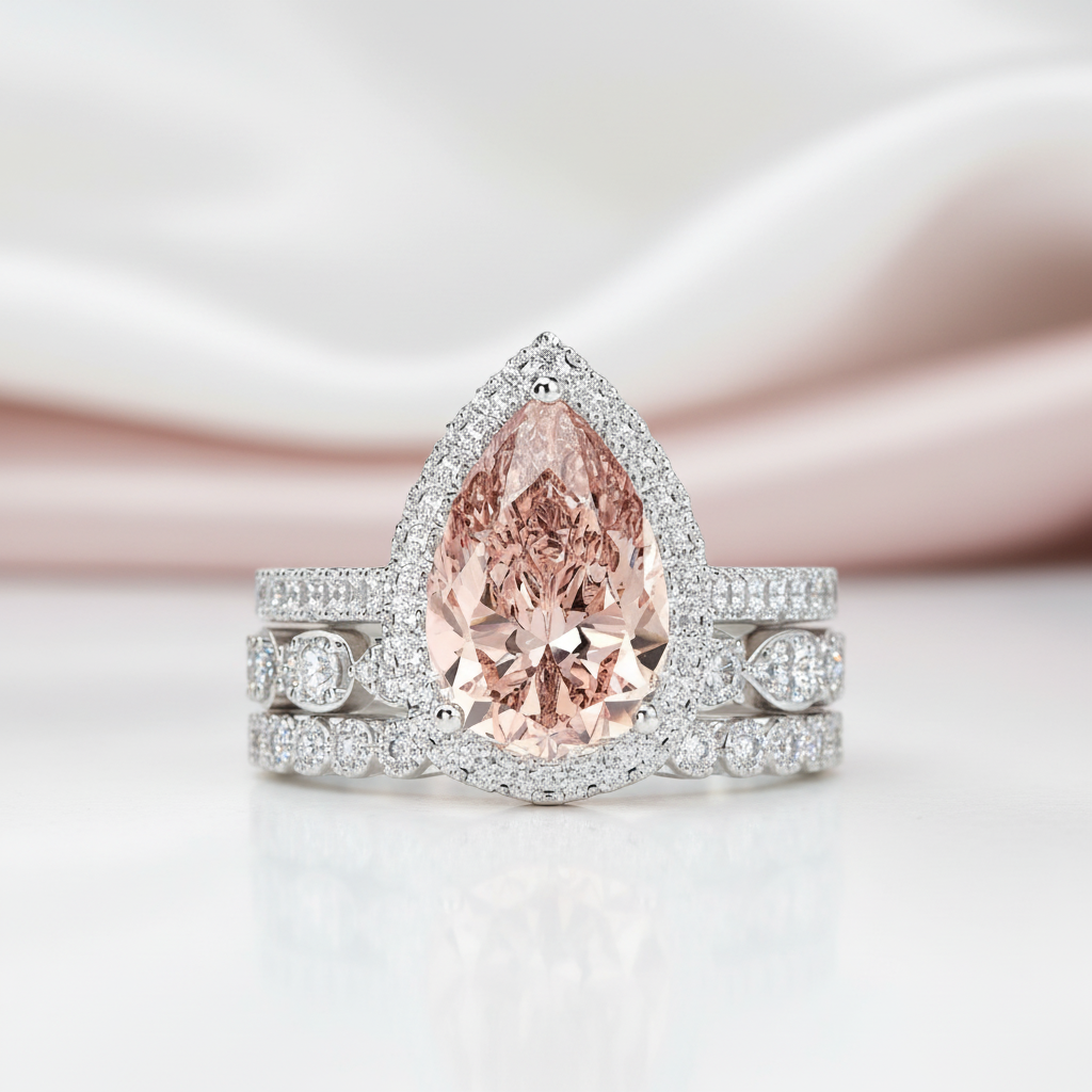 Halo Pear Cut 3ct Morganite Ring Set 3pcs In White Gold