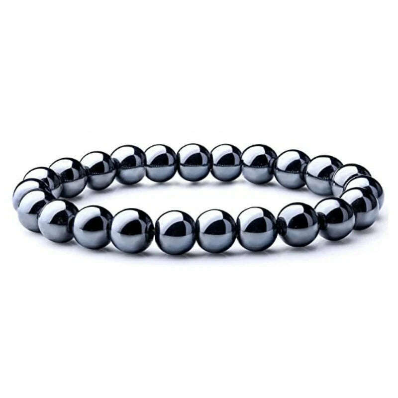 Hematite Beaded Bracelet Elastic 18-19cm Length 6-12mm Beads Unisex — Gunmetal Black | KIMLUD