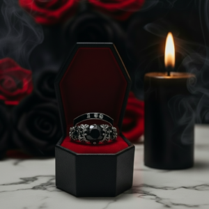 I Do Wedding Rings - 1.5 Ct Round Cut Diamond Option Skull Wedding Rings in 14K White Gold and Black Enamel