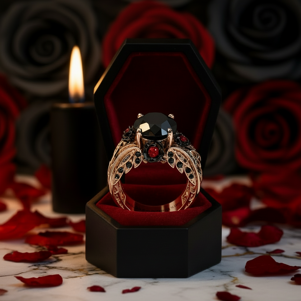 I Want You Promise Ring- 1.5 Ct Round Cut Diamond Option And Black Roses Gothic Ring