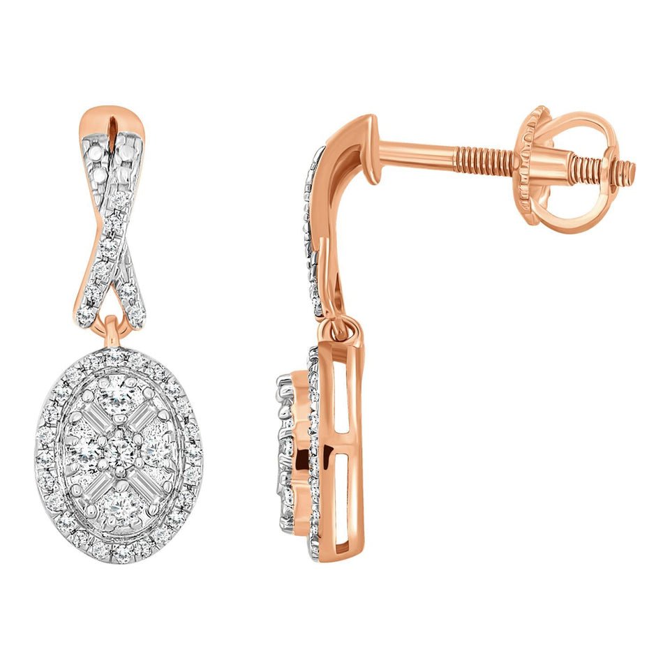 LADIES EARRING 1/3 CT ROUND/BAGUETTE DIAMOND 10K ROSE GOLD