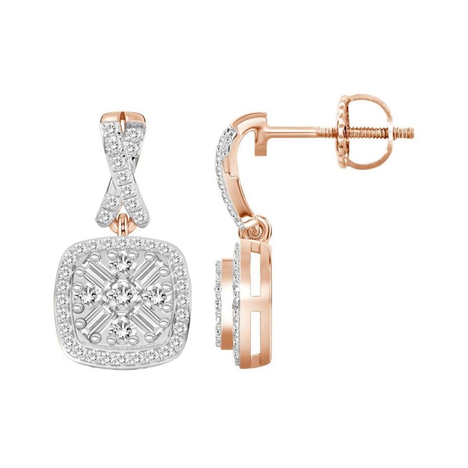 LADIES EARRING 1/3 CT ROUND/BAGUETTE DIAMOND 10K ROSE GOLD
