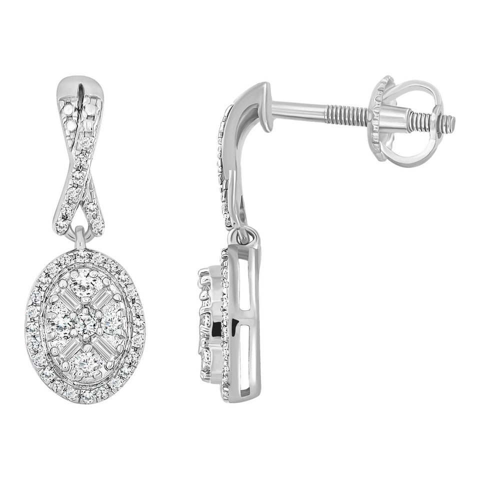 LADIES EARRING 1/3 CT ROUND/BAGUETTE DIAMOND 10K WHITE GOLD