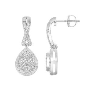 LADIES EARRING 1/3 CT ROUND/BAGUETTE DIAMOND 10K WHITE GOLD