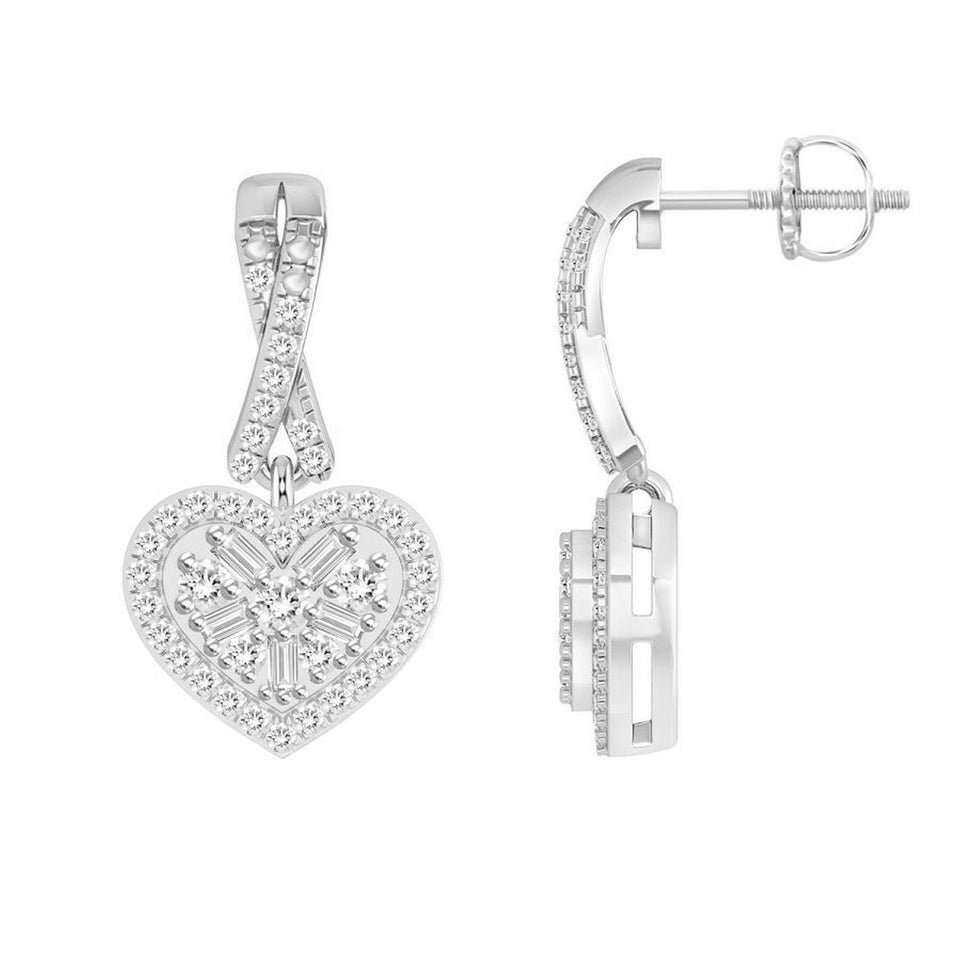 LADIES EARRING 1/3 CT ROUND/BAGUETTE DIAMOND 10K WHITE GOLD
