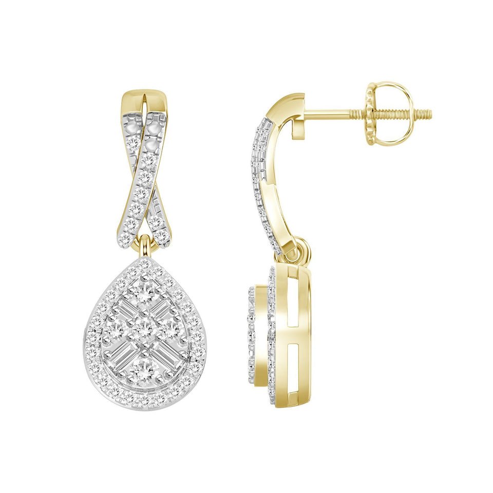 LADIES EARRING 1/3 CT ROUND/BAGUETTE DIAMOND 10K YELLOW GOLD