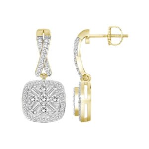 LADIES EARRING 1/3 CT ROUND/BAGUETTE DIAMOND 10K YELLOW GOLD