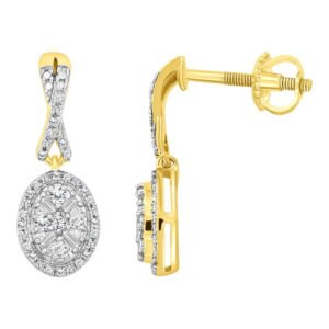 LADIES EARRING 1/3 CT ROUND/BAGUETTE DIAMOND 10K YELLOW GOLD