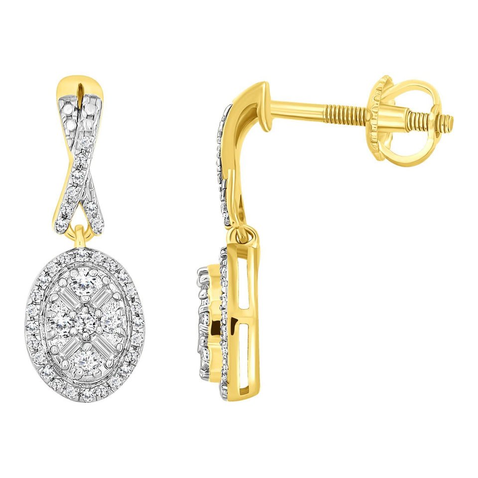 LADIES EARRING 1/3 CT ROUND/BAGUETTE DIAMOND 10K YELLOW GOLD