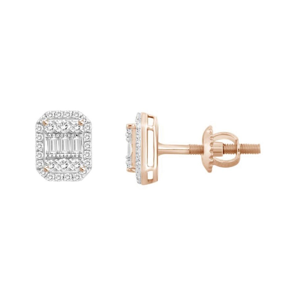 LADIES EARRING 1/4 CT ROUND/BAGUETTE DIAMOND 10K ROSE GOLD