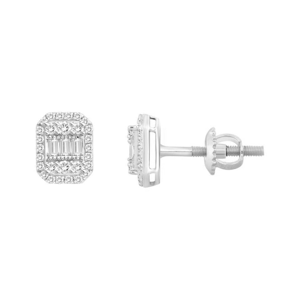 LADIES EARRING 1/4 CT ROUND/BAGUETTE DIAMOND 10K WHITE GOLD