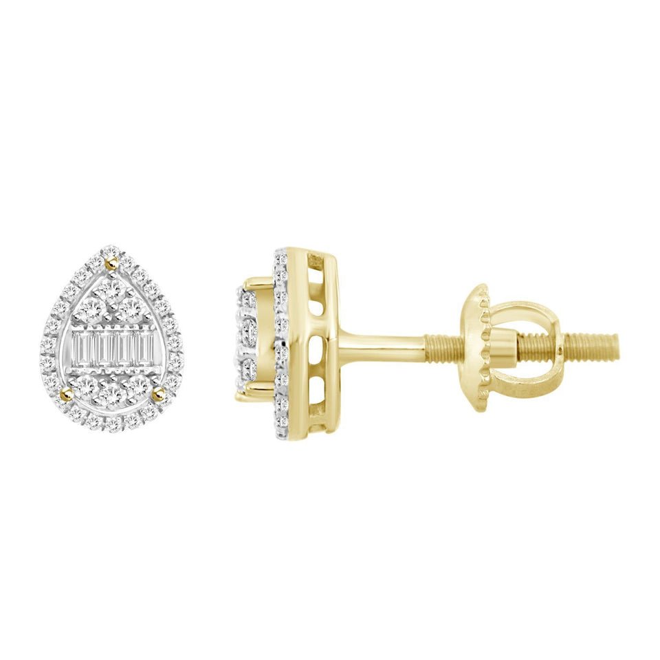 LADIES EARRING 1/4 CT ROUND/BAGUETTE DIAMOND 10K YELLOW GOLD
