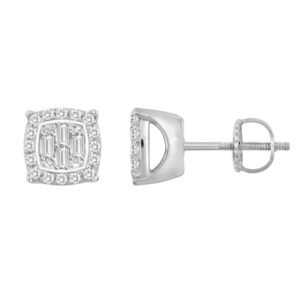 LADIES EARRING 1/6 CT ROUND/BAGUETTE DIAMOND 10K WHITE GOLD