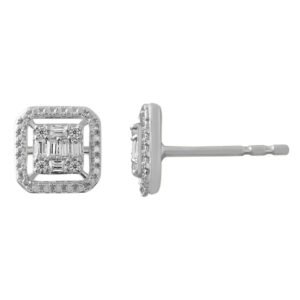 LADIES EARRING 1/6 CT ROUND/BAGUETTE DIAMOND 10K WHITE GOLD