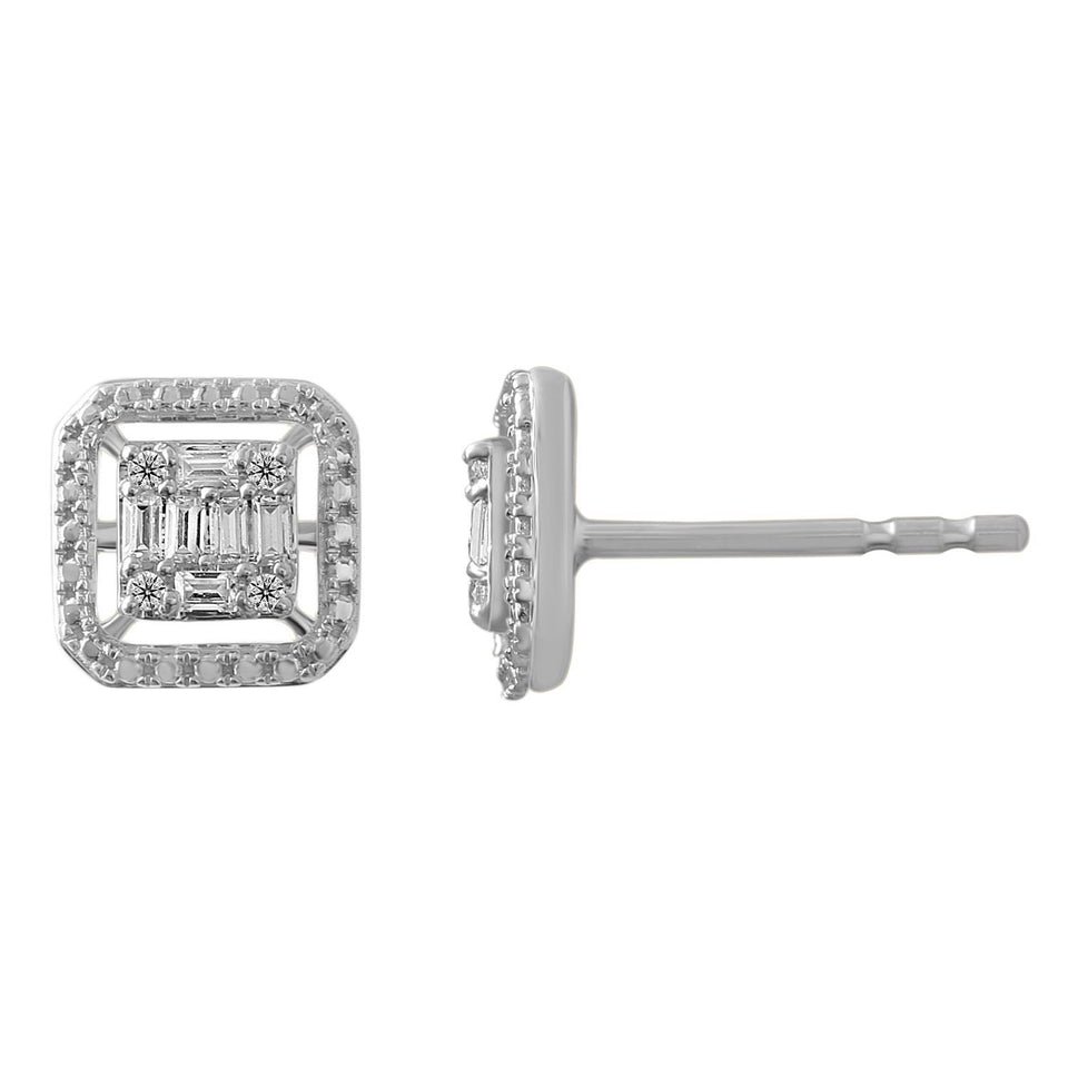 LADIES EARRING 1/6 CT ROUND/BAGUETTE DIAMOND 10K WHITE GOLD