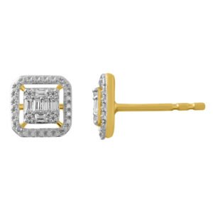 LADIES EARRING 1/6 CT ROUND/BAGUETTE DIAMOND 10K YELLOW GOLD