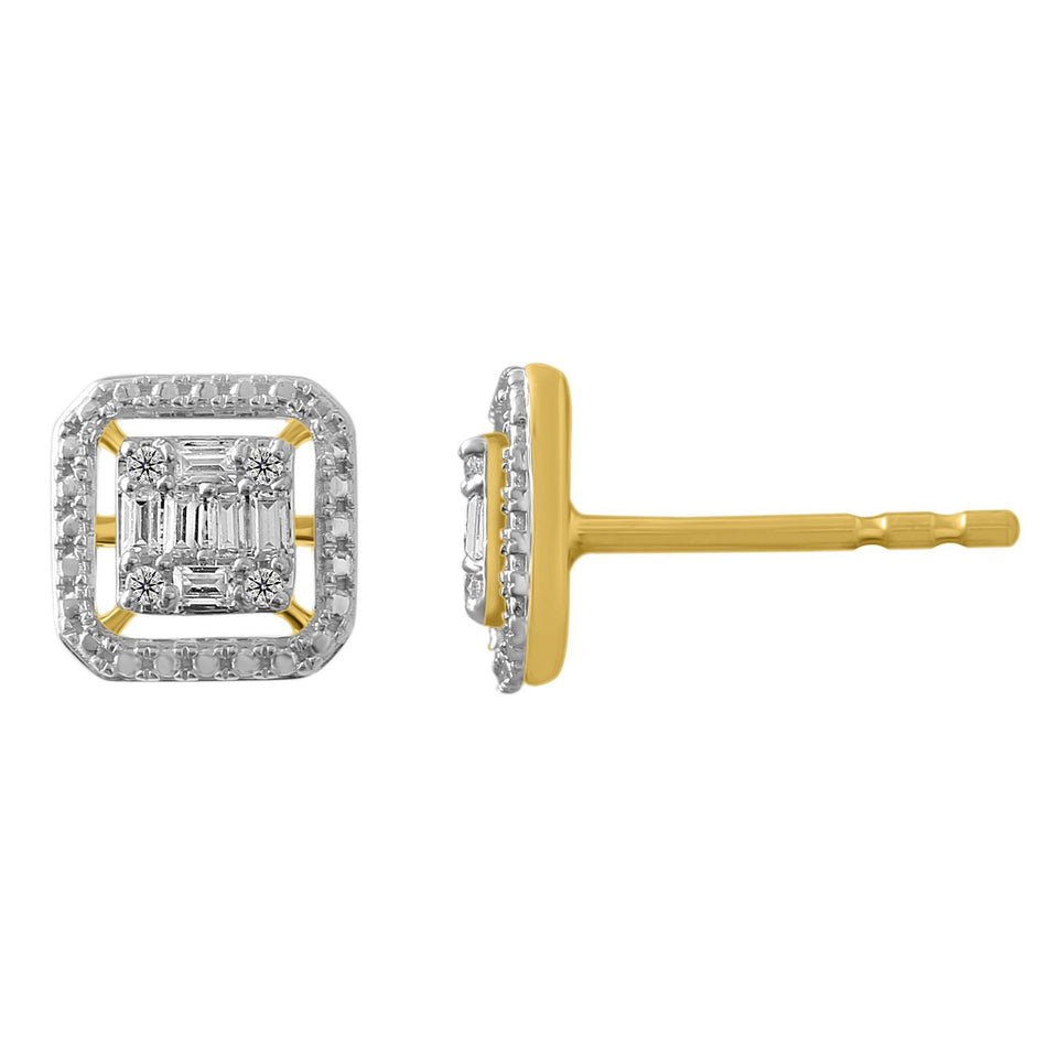LADIES EARRING 1/6 CT ROUND/BAGUETTE DIAMOND 10K YELLOW GOLD