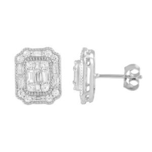 LADIES EARRING 1 CT ROUND/BAGUETTE DIAMOND 14K WHITE GOLD