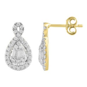 LADIES EARRING 3/4 CT ROUND/BAGUETTE DIAMOND 10K YELLOW GOLD
