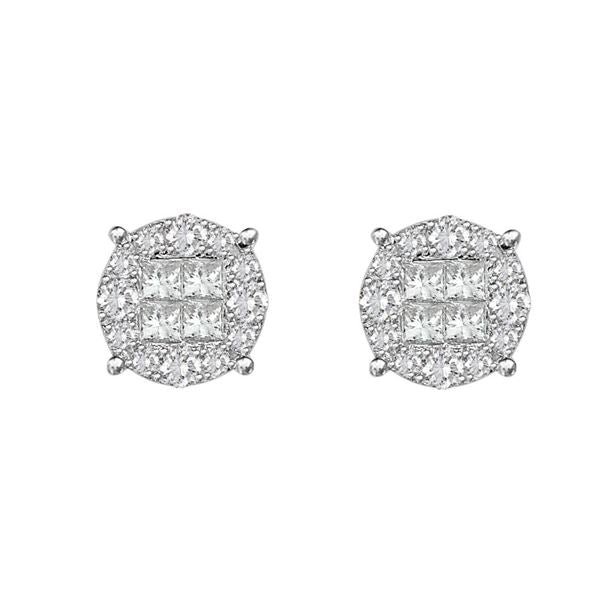LADIES EARRINGS 1 1/2 CT ROUND/PRINCESS DIAMOND 14K WHITE GOLD