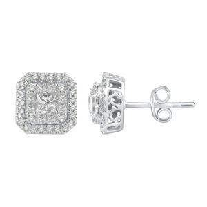 LADIES EARRINGS 1 1/4 CT ROUND/PRINCESS DIAMOND 14K WHITE GOLD